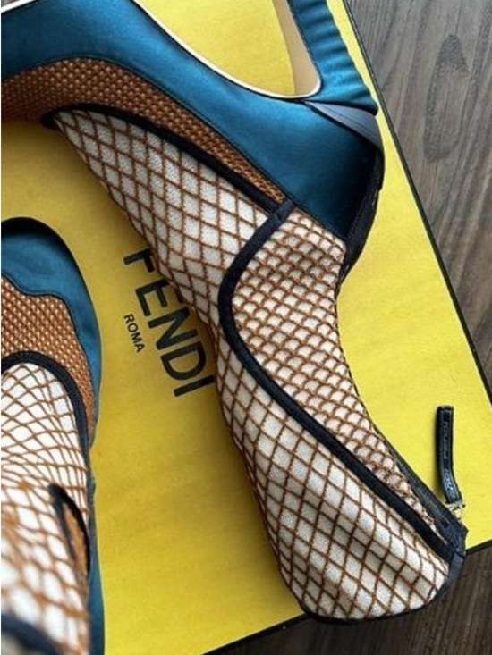 Fendi Shoes - Fendi Tan Mesh and Teal Leather Pointed Bootie